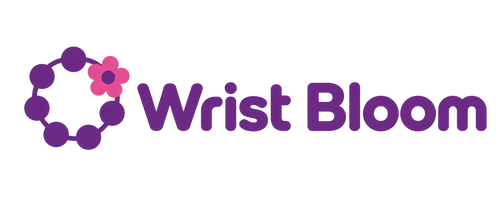 Wrist Bloom wordmark with a beaded bracelet and flower