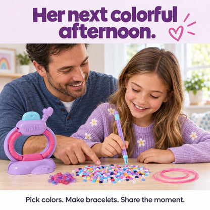Illustrative father and daughter choosing bead colors together beside the bracelet-making studio.