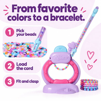 Bracelet-making overview: pick beads, load the cord, then fit and clasp.