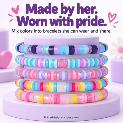 Five example bracelets in pink, lavender, aqua and rainbow color patterns.