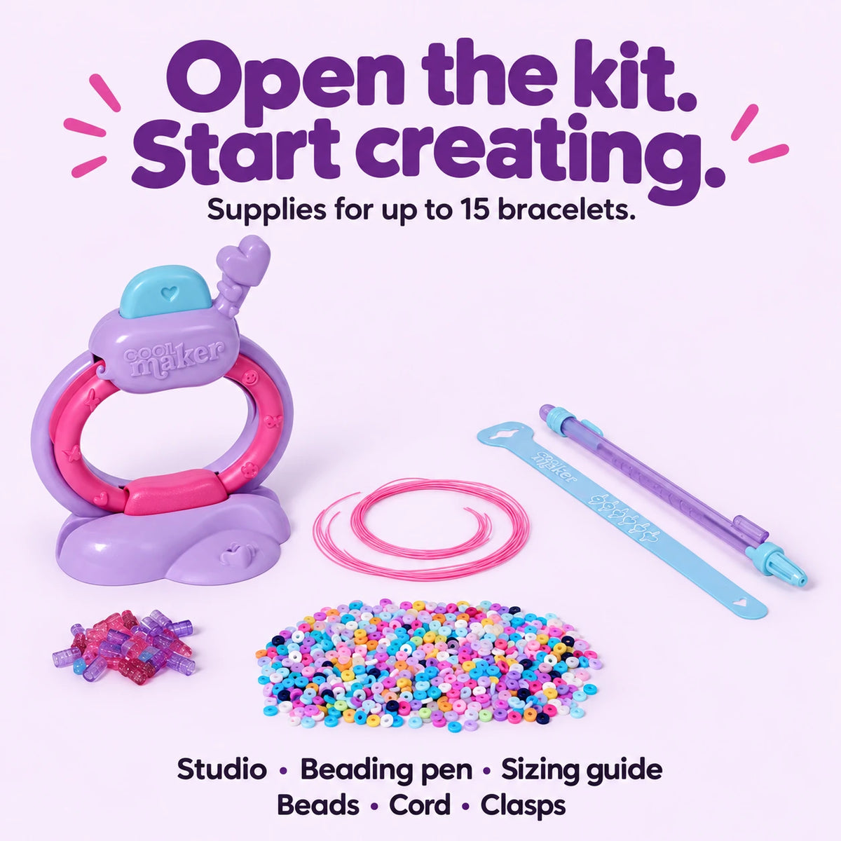 Kit contents: bracelet studio, beading pen, sizing guide, beads, cord and clasps.