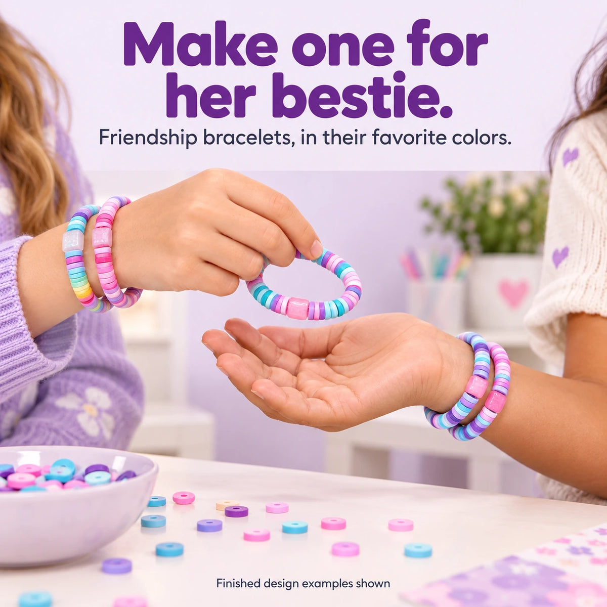 Illustrative children sharing a finished colorful friendship bracelet.
